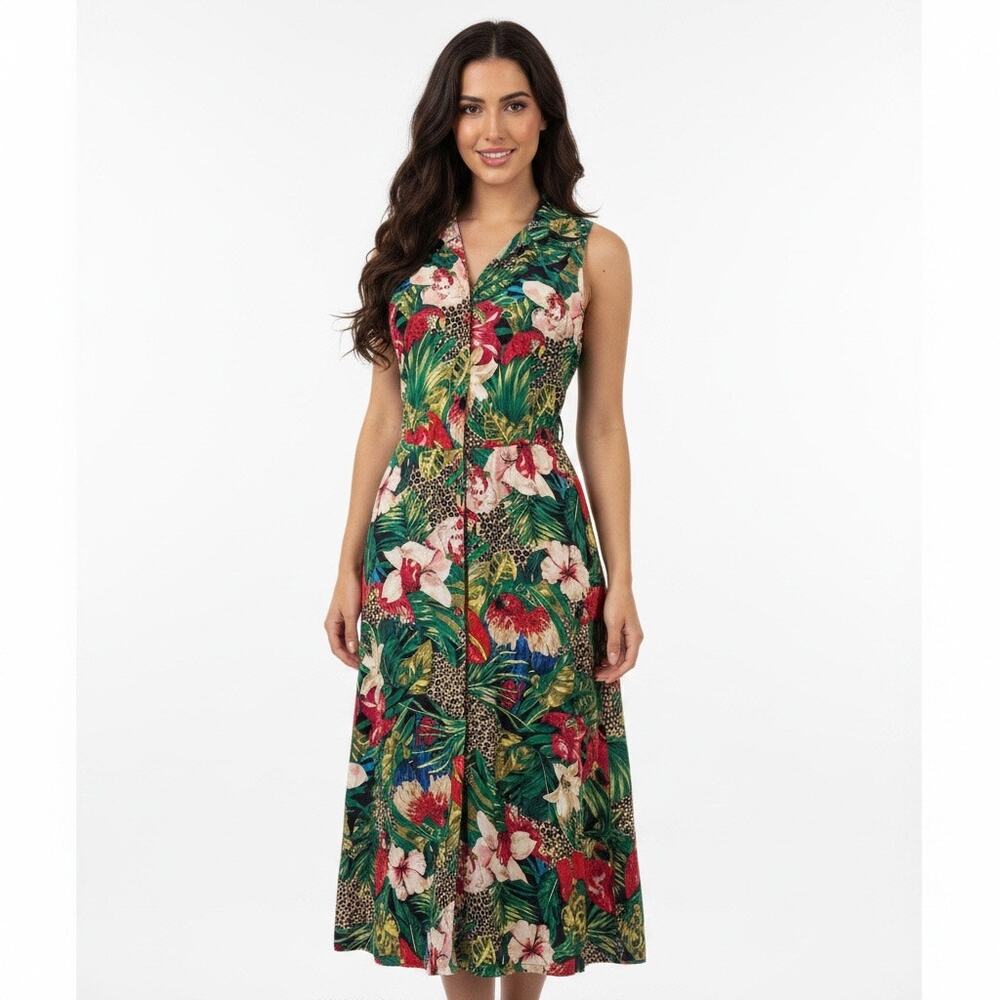 Vintage Carol Anderson Tropical Safari Midi Dress Parrot Leopard 6 Resort Jungle